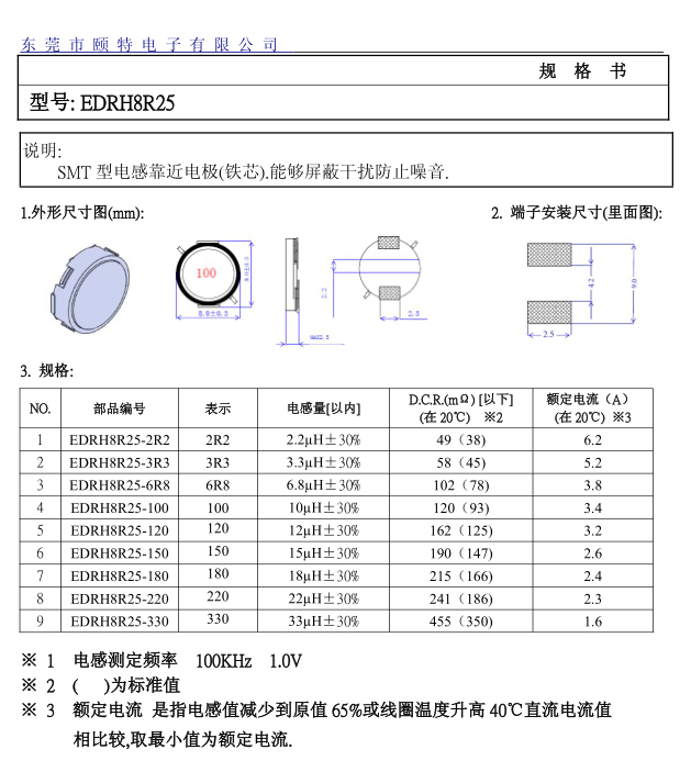 超薄大電流功率繞線電感EDRH8R25